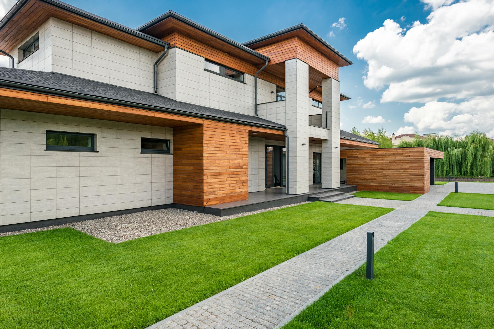 courtyard of modern villa in sunny day