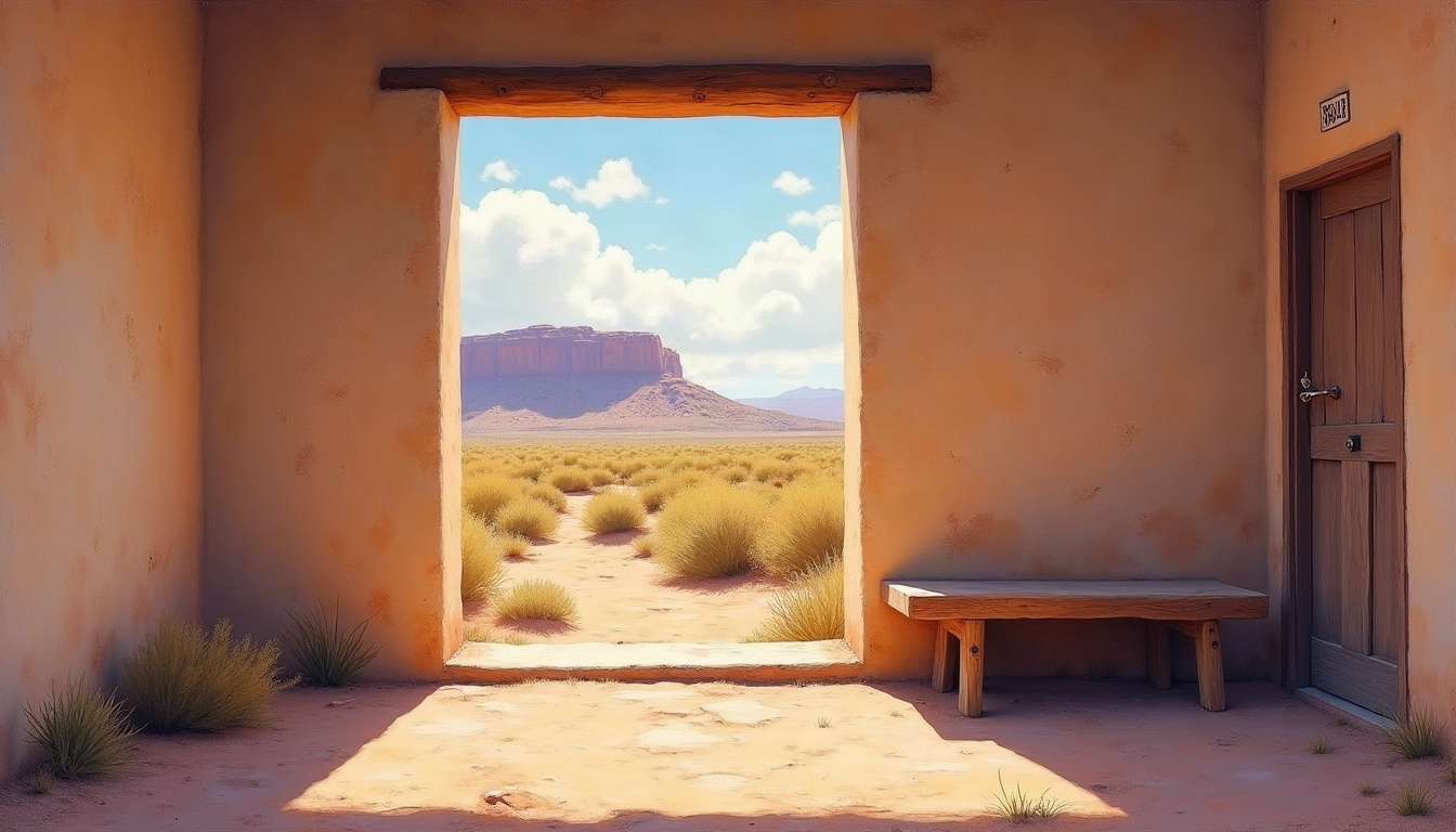 A painted adobe sitting room with a tall window looking out onto sage flats and a distant mesa in late-afternoon light.