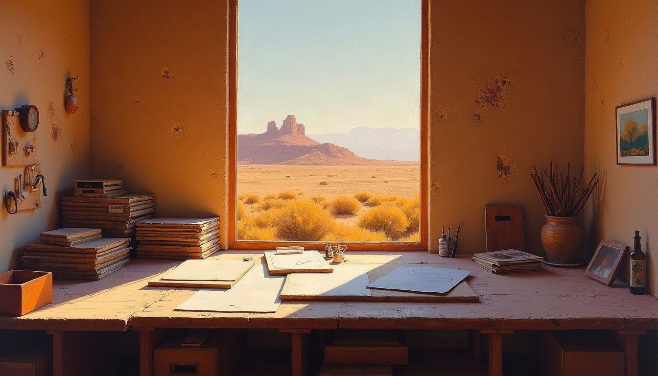 Painting of an adobe studio where late golden light from a tall window crosses a table of archive boxes and prints, with dust glowing in the beam.