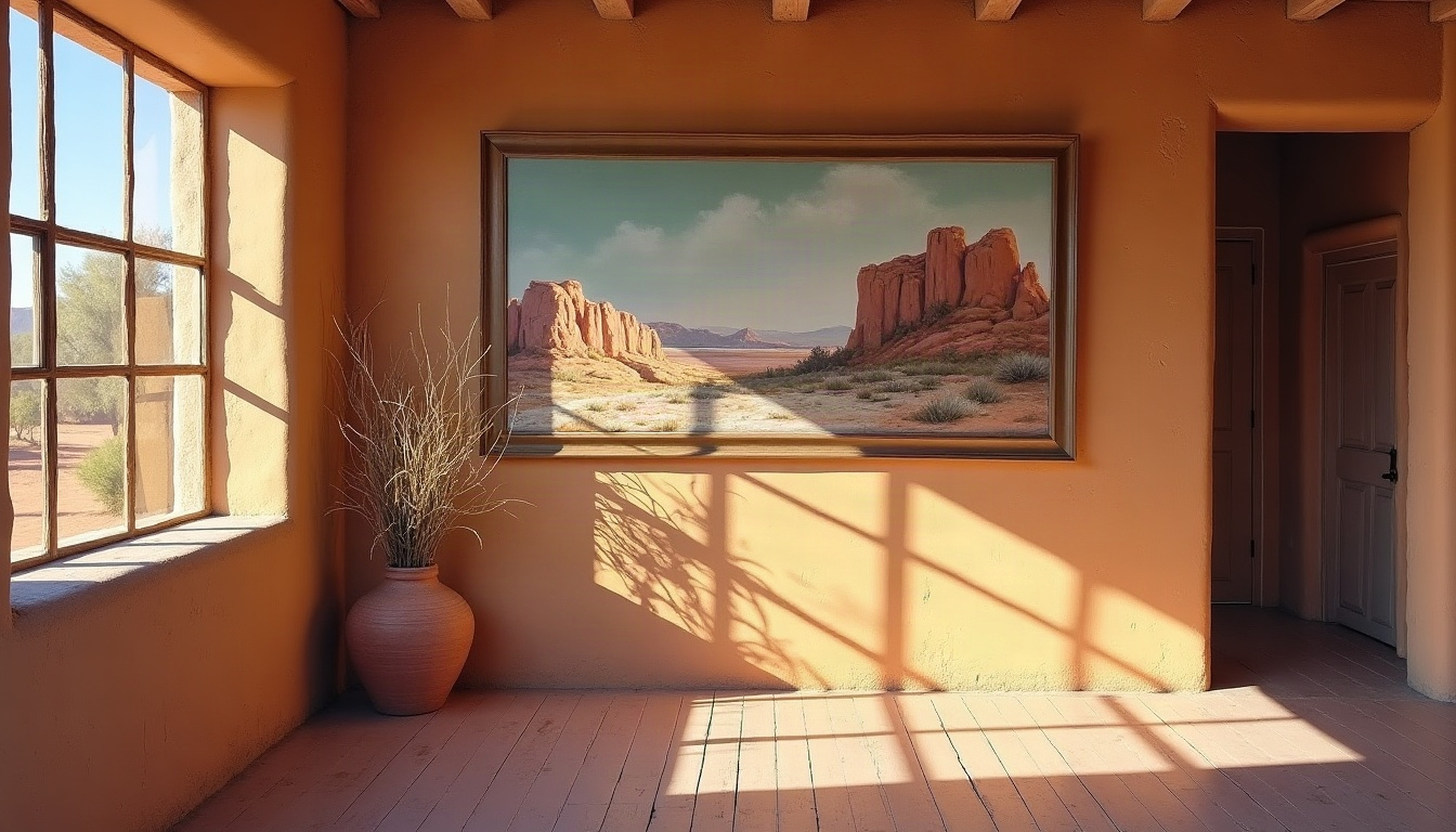 A painted living room with a landscape on the wall and low winter sun skimming across a plaster wall.