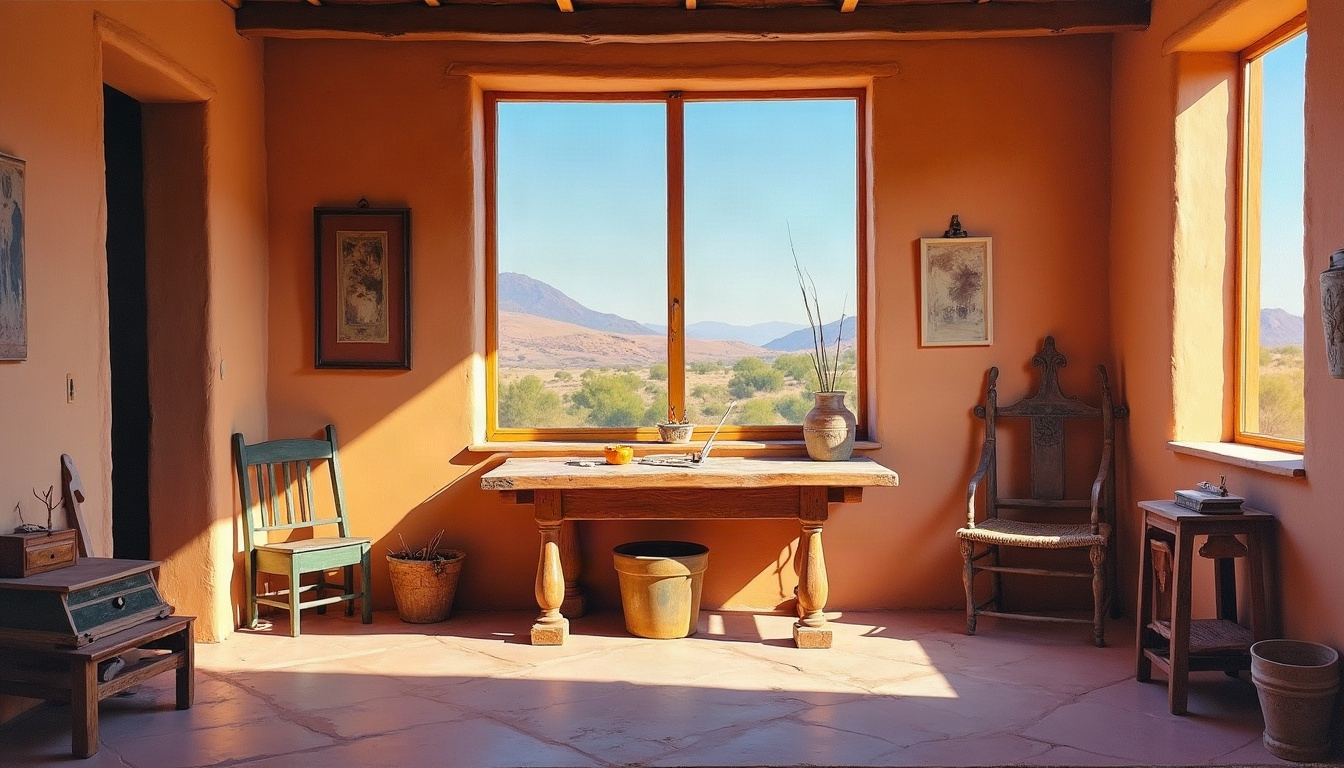 An oil painting of an adobe studio room with a tall north window in warm late-afternoon light.