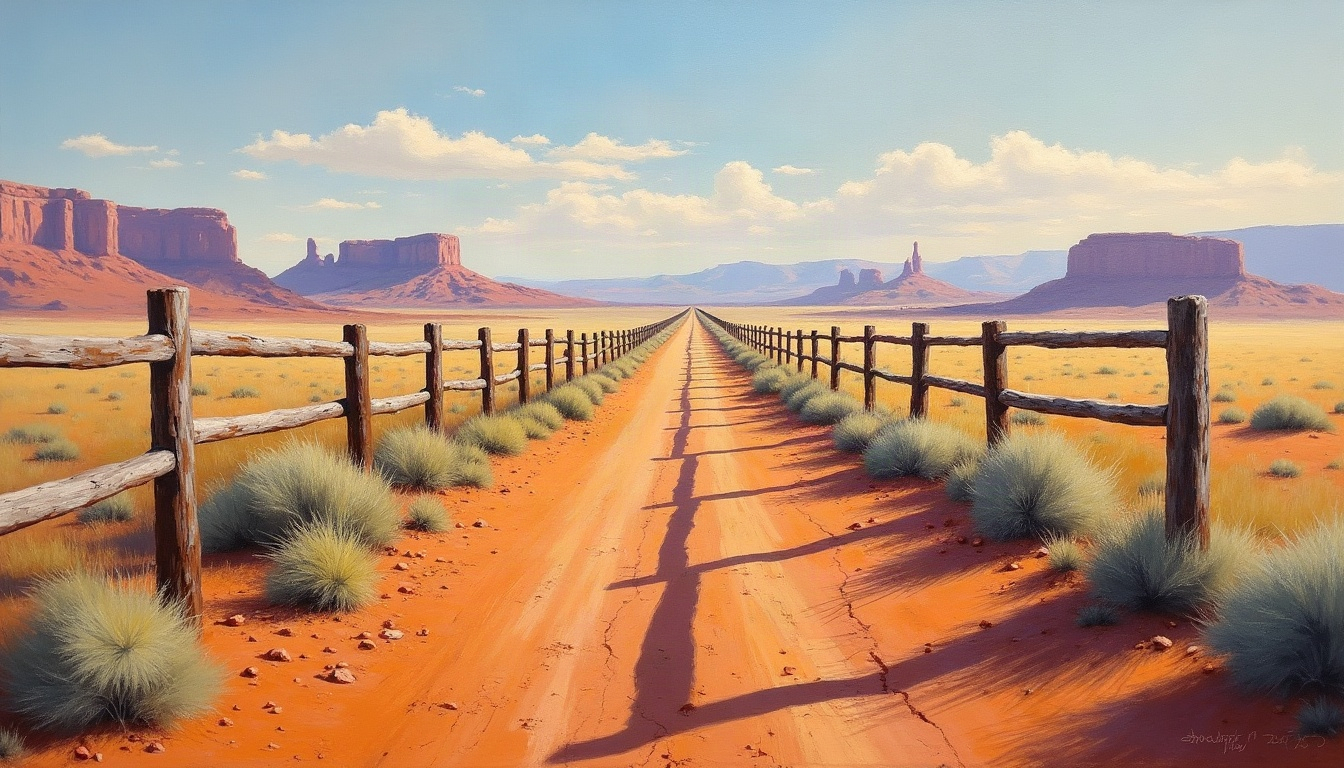 An oil painting of two parallel weathered fence lines crossing a sage flat toward distant mesas in late-afternoon light.