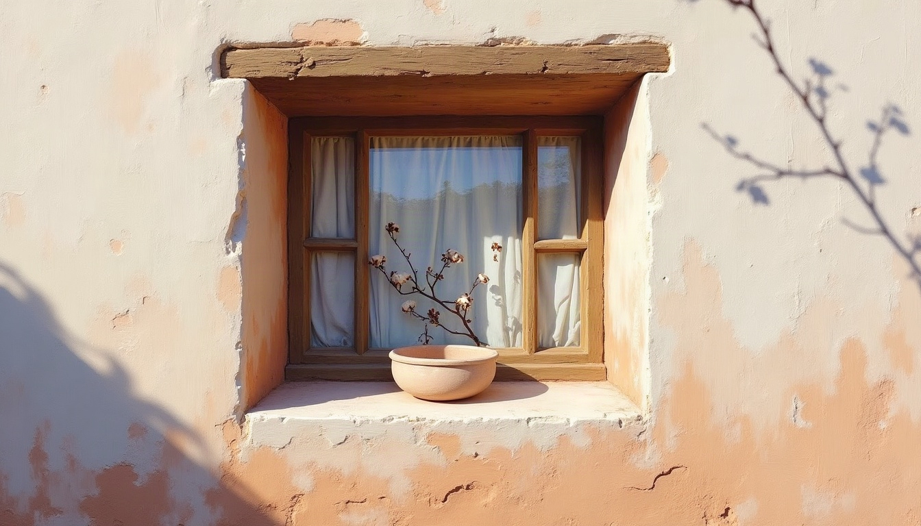 A painted adobe interior with soft light falling from a small deep-set window across a plastered sill.