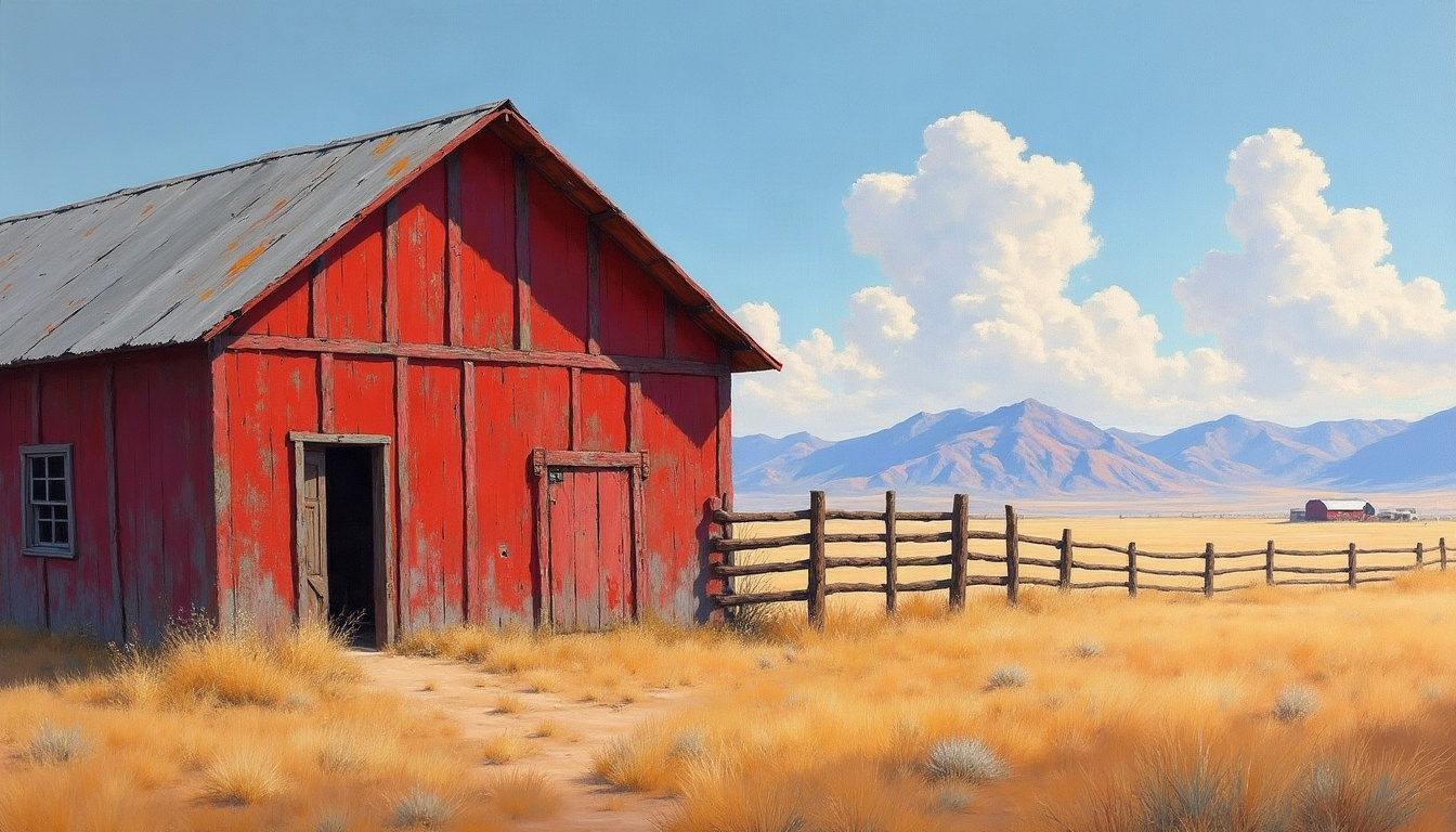 A painted scene of a sun-faded red barn and a ranch fence on dry plains with mountains in the distance.